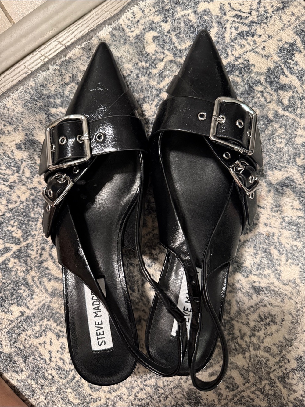Steve Madden Black Pointed Buckle Slingback Flats with Silver Buckles